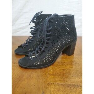 Vince Camuto Tulina Black Suede Laser Cut High Heel Lace Up Open Toe Bootie Sz 6
